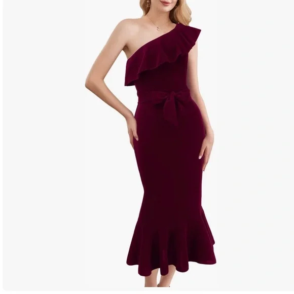 knee length dresses for ladies Red Ribbed Knit Long Sleeves Mermaid Dress – Hot Miami Styles